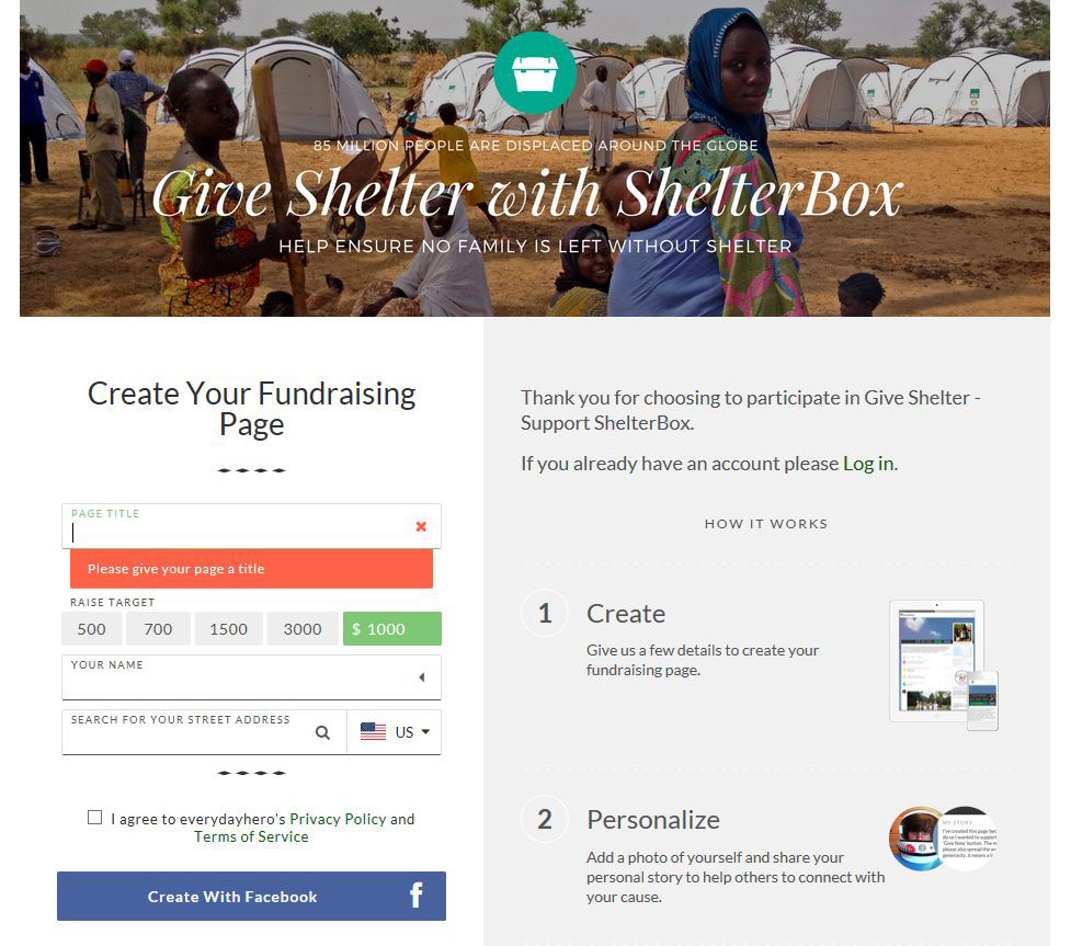 Everyday Hero: Give Shelter Everyday hero donation page