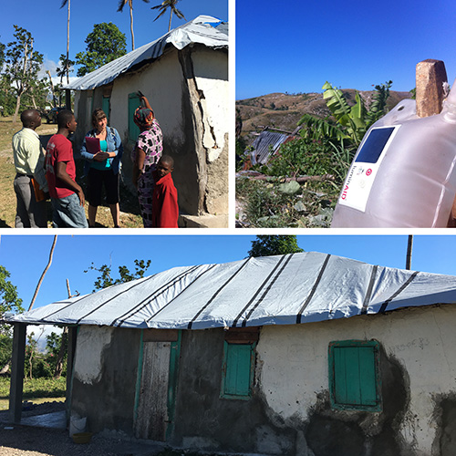 Photos of Altenor and her family with their home's roof reinforced by the ShelterBox tarpaulin