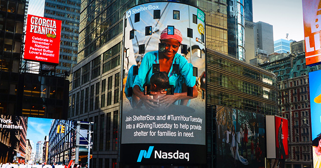 ShelterBox on the Nasdaq screen, Times Square