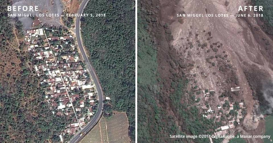 Village of San Miguel Los Lotes before and after the eruption and lava flowed through