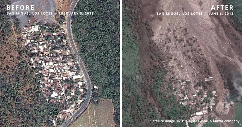 El Fuego before and after Village of San Miguel Los Lotes before and after the eruption and lava flowed through