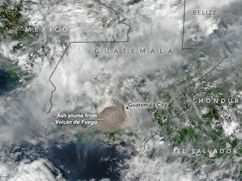 Satellite photo above Guatemala City and Volcán de Fuego