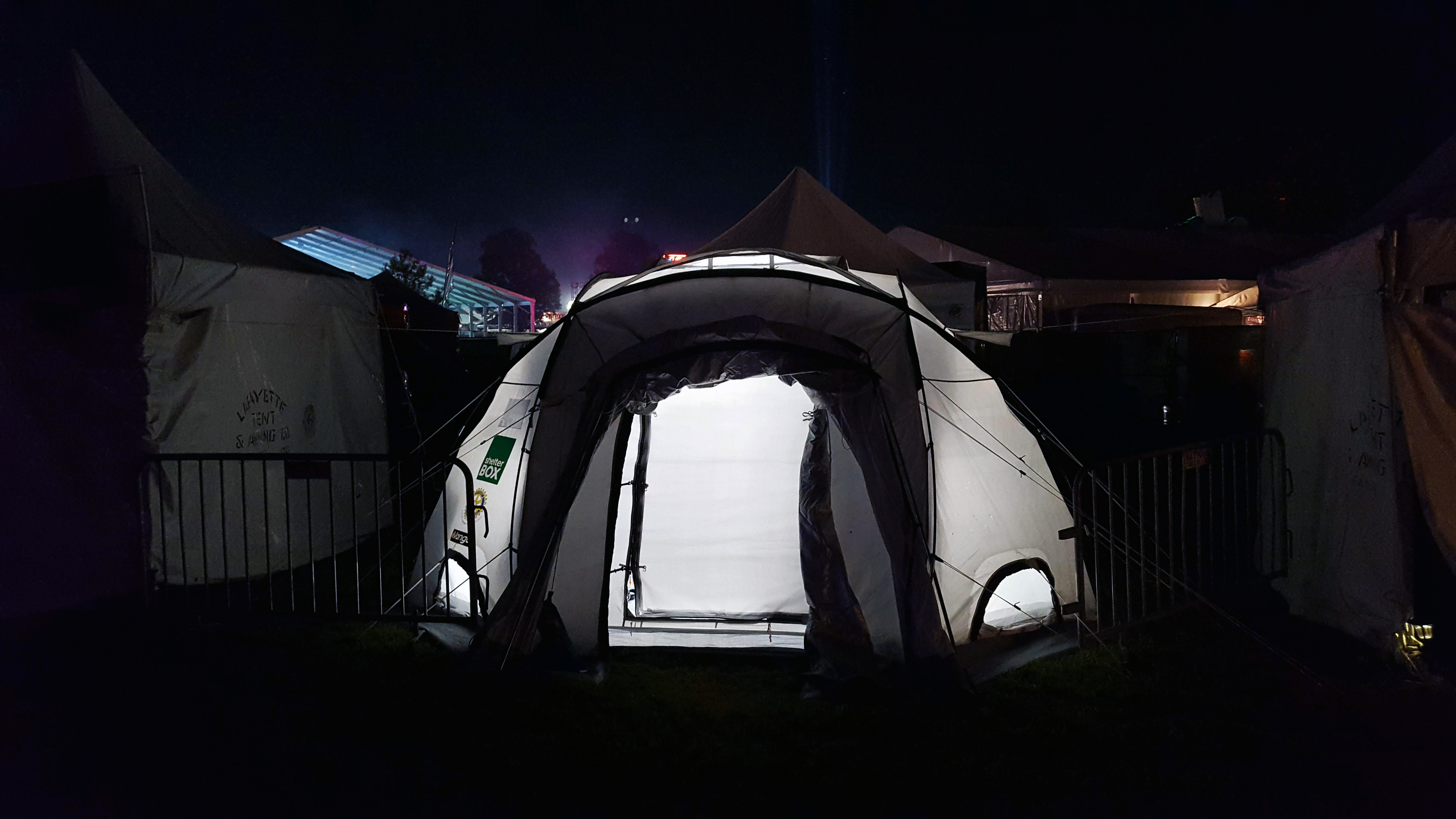 ShelterBox tent at night - Bonnaroo 2018