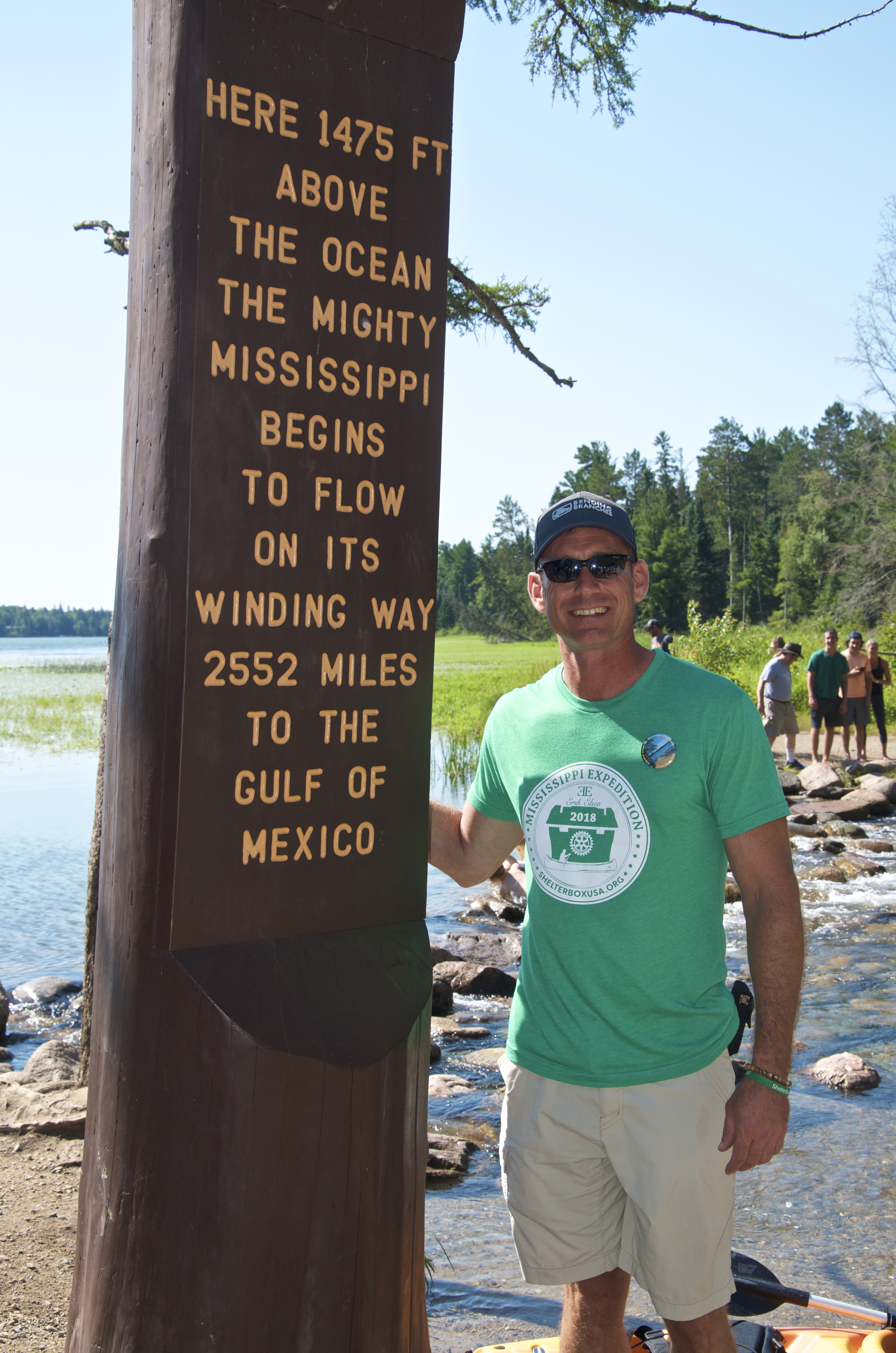 Erik Elsea - Mississippi Expedition launch day - marker Erik at the Mississippi River Marker on launch day