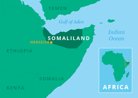 Map showing Horn of East Africa with capital city of Somaliland, Hargeisa, highlighted.