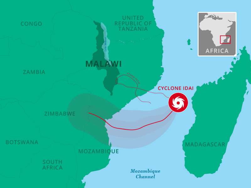 Malawi map showing Cyclone Idai path