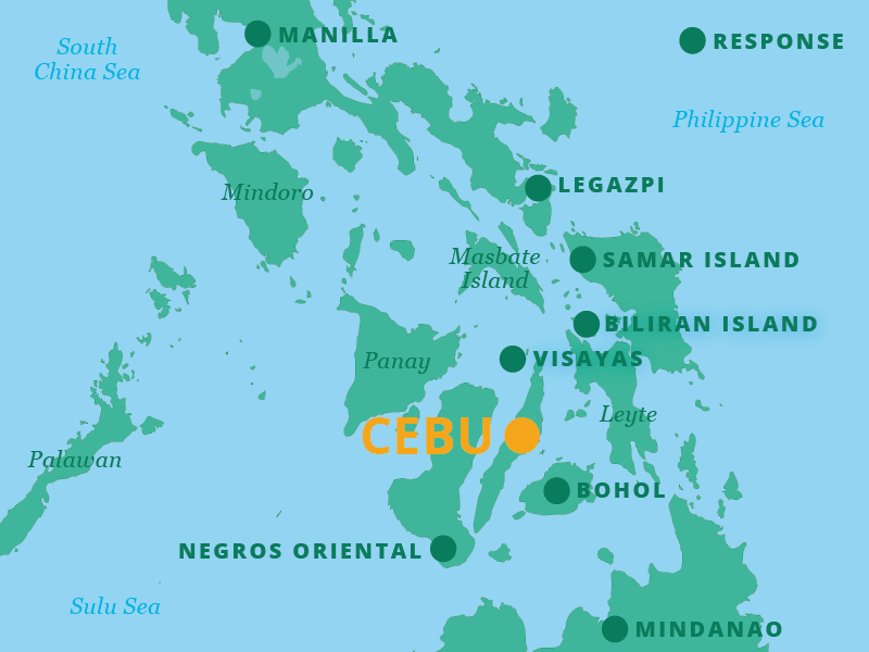 Map showing all of the areas inside the Philippines where we've responded: Manila, Legazpi, Samar Island, Binaran Island, Visayas, Behol, Negros Oriental, Bohol, and Mindanao