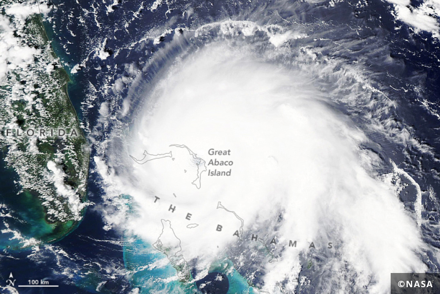 The storm's swirling shape as it passes over Great Abaco Island and the Bahamas