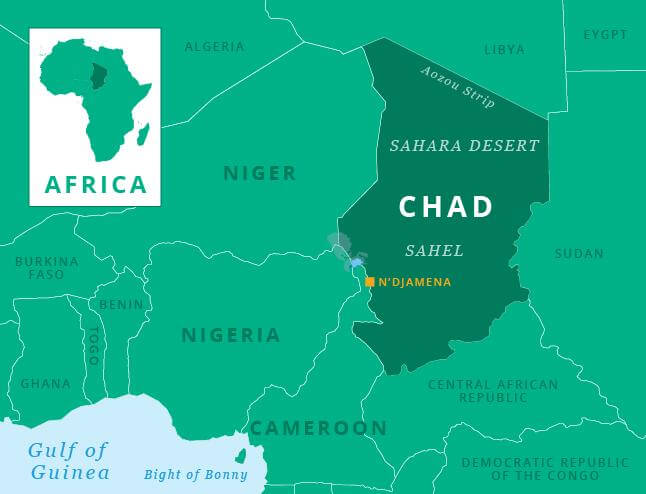 Map showing Chad's location in Africa, capital N'Djamena, and Lake Chad