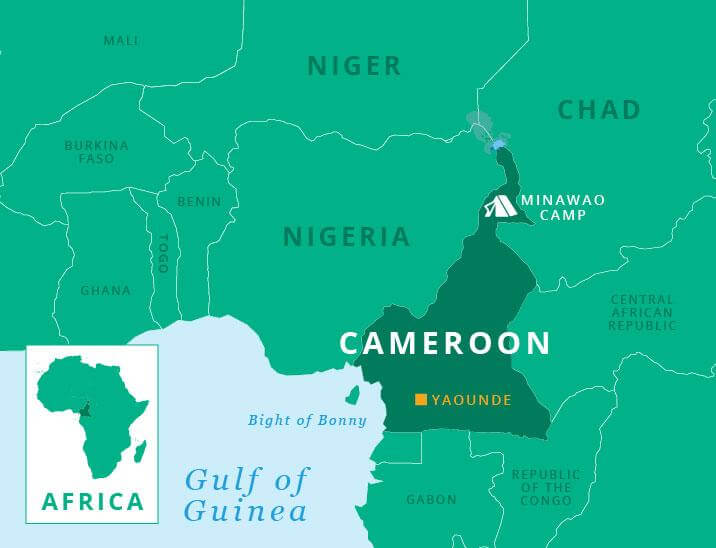 Map of Cameroon and West Africa showing location of Minawao Camp in the North