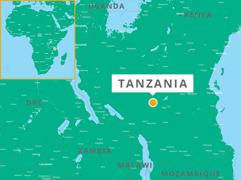 Map showing Tanzania, located on the eastern coast of Africa