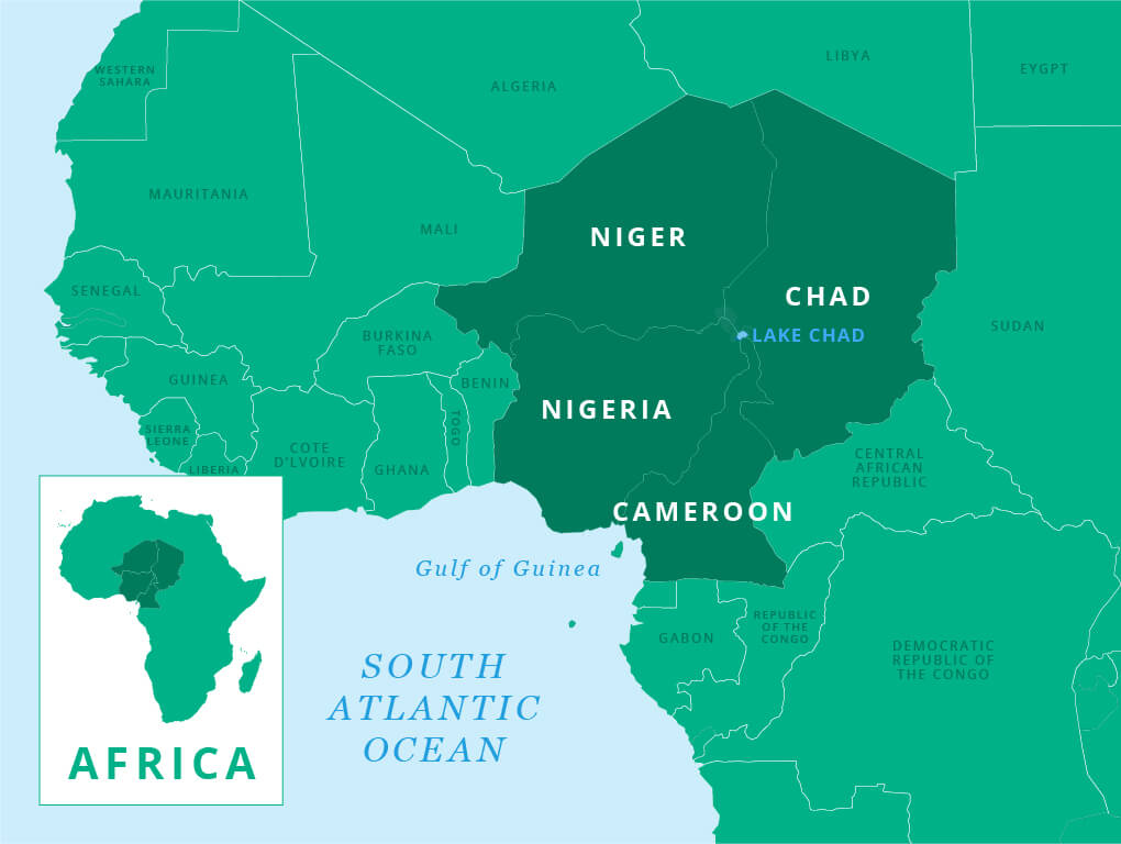 Map of Western African Lake Chad Basin countries: Chad, Cameroon, Niger, and Nigeria