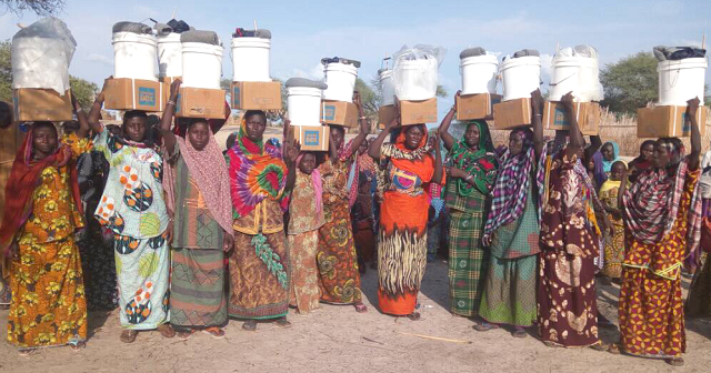 Chadian women holding ShelterBox aid items above their heads