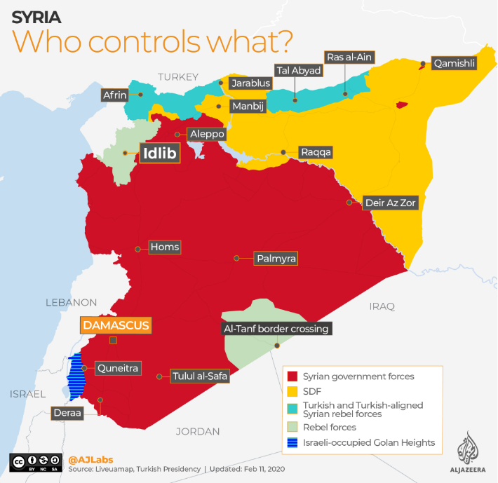 Map of Syria showing areas occupied by SDF, Turkish, and Rebel forces